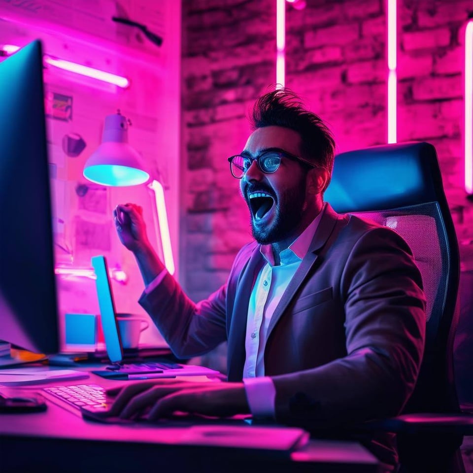 Insurance Agent at a desktop computer feeling excited about something he just accomplished on it