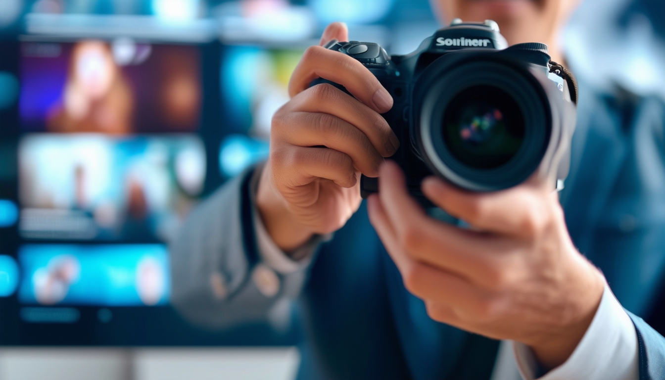 A charismatic insurance agent holding a camera wit