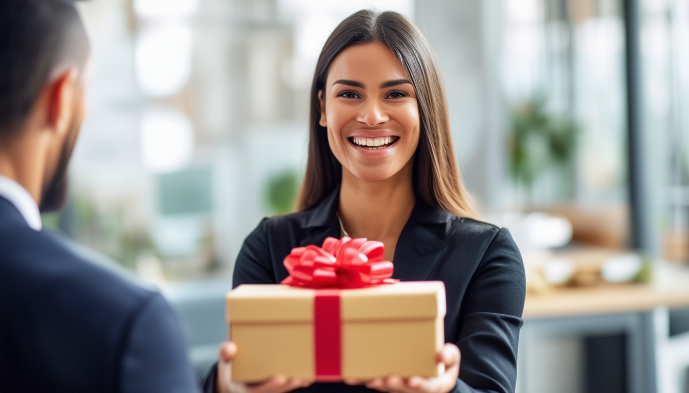 A smiling insurance agent handing a gift box to a 