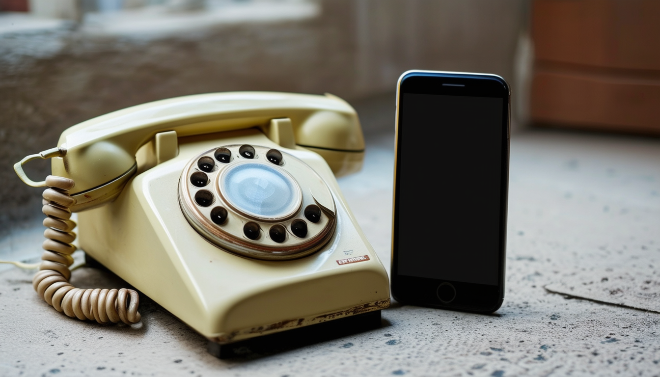 A vintage rotary phone next to a modern smartphone