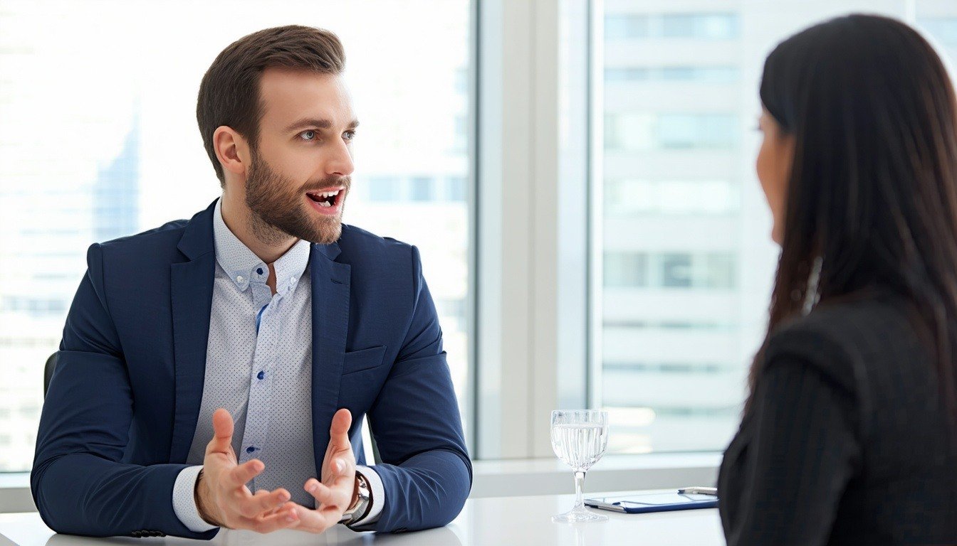 An insurance agent confidently speaking to a recep