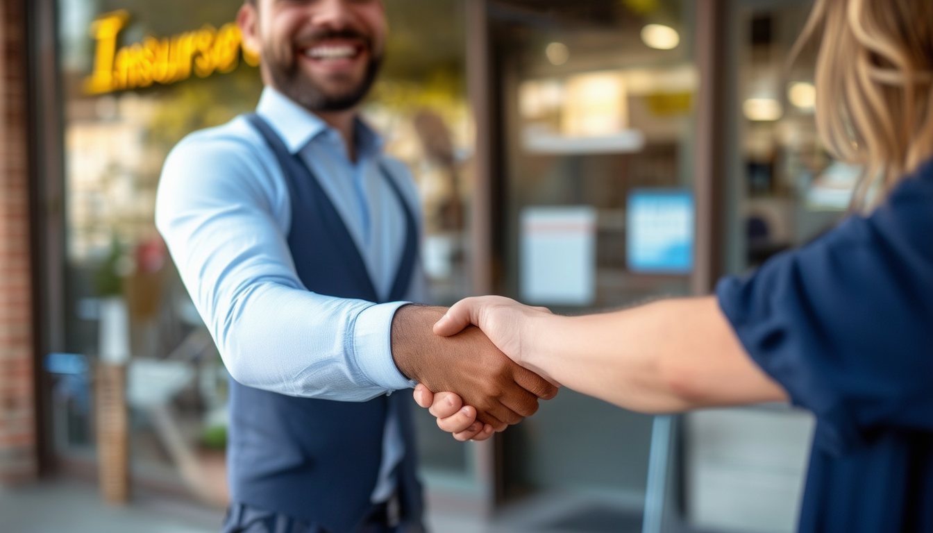 An insurance agent happily shaking hands with a cl