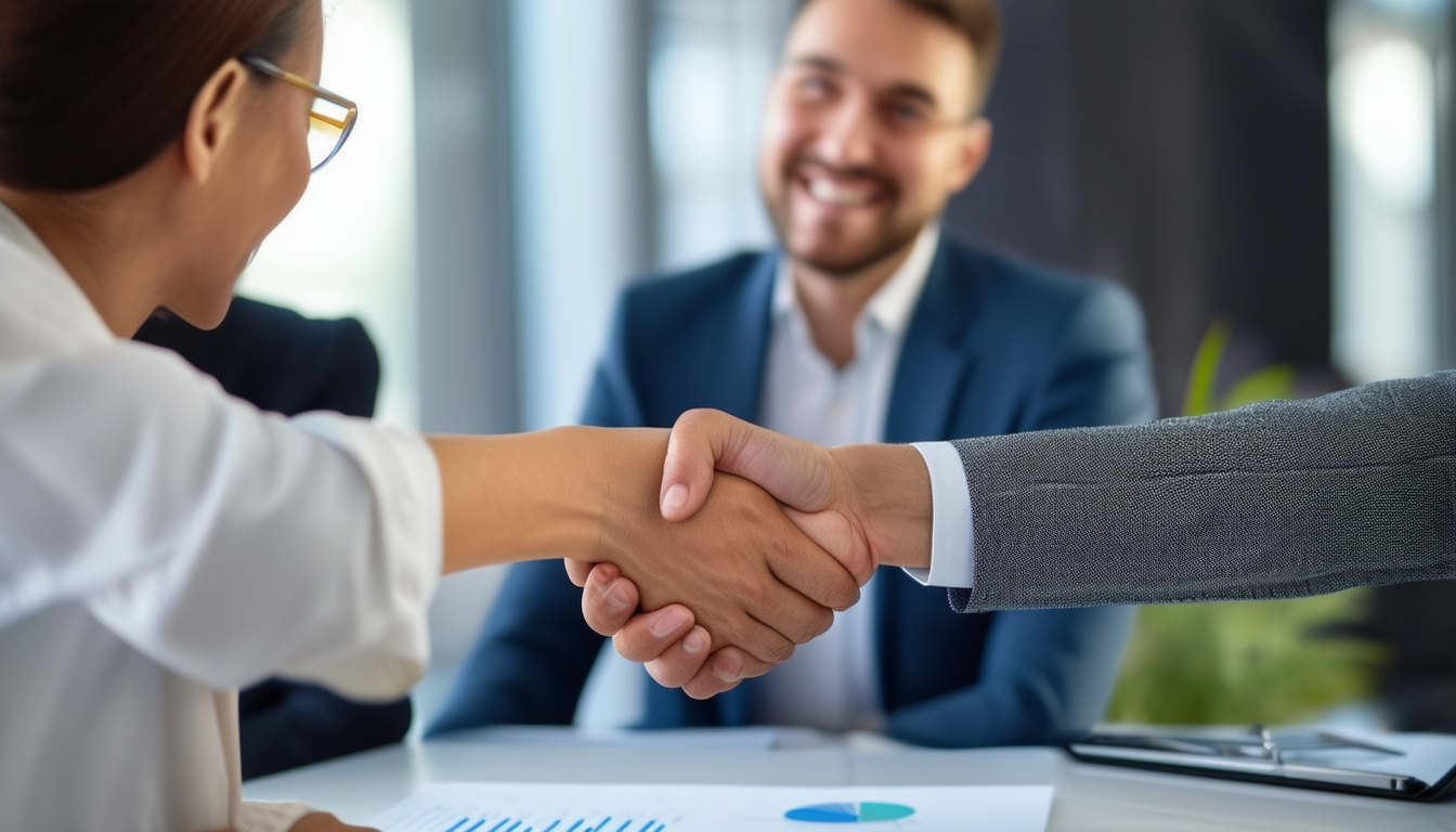 An insurance agent shaking hands with a smiling cl